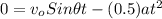 0 = v_{o} Sin\theta t - (0.5) a t^{2}