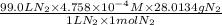 \frac{99.0 L N_{2} \times 4.758 \times 10^{-4} M \times 28.0134 g N_{2}}{1 L N_{2} \times 1 mol N_{2}}