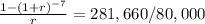 \frac{1-(1+r)^{-7} }{r} = 281,660/80,000