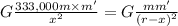 G\frac{333,000 m\times m'}{x^2}=G\frac{mm'}{(r-x)^2}