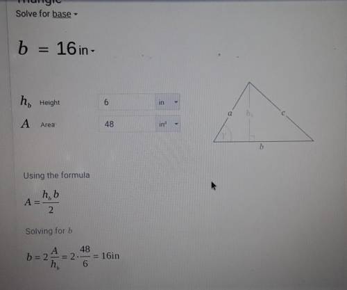 The area of a triangle is, a = 2 bh, b-base and h=height.  8. a triangle has an area of 48 square in