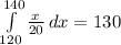 \int\limits^{140}_{120} {\frac{x}{20}} \, dx = 130