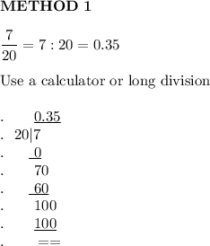 \bold{METHOD\ 1}\\\\\dfrac{7}{20}=7:20=0.35\\\\\text{Use a calculator or long division}\\\\.\qquad\underline{0.35}\\.\ \ 20|7\\.\ \ \ \ \ \underline{\ 0}\\.\qquad70\\.\ \ \ \ \ \underline{\ 60}\\.\qquad100\\.\qquad\underline{100}\\.\qquad==