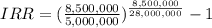 IRR = (\frac{8,500,000}{5,000,000})^{\frac{8,500,000}{28,000,000} }-1