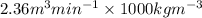 2.36 m^{3} min^{-1} \times 1000 kg m^{-3}