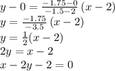 y-0=\frac{-1.75-0}{-1.5-2}\left ( x-2 \right )\\y=\frac{-1.75}{-3.5}\left ( x-2 \right )\\y=\frac{1}{2}(x-2)\\2y=x-2\\x-2y-2=0