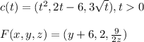 c(t) = (t^2, 2t-6, 3\sqrt{t}), t  0\\\\ F(x, y, z) =(y+6, 2, \frac{9}{2z} )