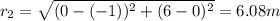 r_{2} =\sqrt{(0-(-1))^{2}+(6-0)^{2}  } =6.08 m