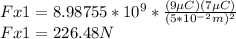 Fx1=8.98755*10^9*\frac{(9\µC)(7\µC)}{(5*10^{-2}m)^2}\\Fx1=226.48N