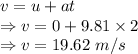 v=u+at\\\Rightarrow v=0+9.81\times 2\\\Rightarrow v=19.62\ m/s