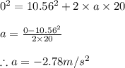0^2=10.56^2+2\times a\times 20\\\\a=\frac{0-10.56^2}{2\times 20}\\\\\therefore a=-2.78m/s^2