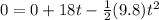 0=0+18t-\frac{1}{2}(9.8)t^{2}