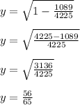 y = \sqrt{1-\frac{1089}{4225} }  \\\\y = \sqrt{\frac{4225 - 1089}{4225} } \\\\y = \sqrt{\frac{3136}{4225} } \\\\y = \frac{56}{65}