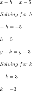 x-h=x-5\\\\Solving\hspace{3}for\hspace{3}h\\\\-h=-5\\\\h=5\\\\y-k=y+3\\\\Solving\hspace{3}for\hspace{3}k\\\\-k=3\\\\k=-3
