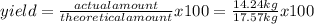 yield=\frac{actual amount}{theoretical amount}x100= \frac{14.24kg}{17.57kg}x100