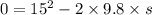 0=15^{2}-2\times9.8\times s