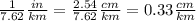 \frac{1}{7.62}\frac{in}{km}=\frac{2.54}{7.62}\frac{cm}{km}=0.33\frac{cm}{km}