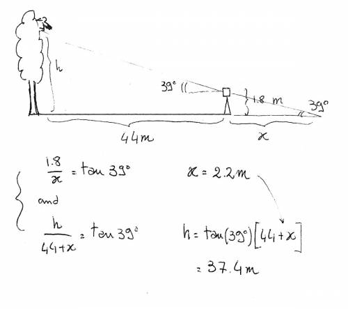 Aphotographer’s camera sits on a tripod that is 1.8 m above the ground. the base of the tripod is 44