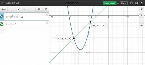 What is the solution of the linear-quadratic system of equations y=x^2 5x-3 x-y=2?