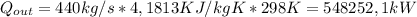 Q_{out} = 440 kg/s * 4,1813 KJ/kgK * 298 K = 548252,1 kW