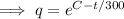 \implies q=e^{C-t/300}