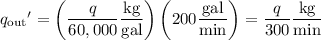 {q_{\rm out}}'=\left(\dfrac q{60,000}\dfrac{\rm kg}{\rm gal}\right)\left(200\dfrac{\rm gal}{\rm min}\right)=\dfrac q{300}\dfrac{\rm kg}{\rm min}