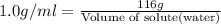 1.0g/ml=\frac{116g}{\text {Volume of solute(water)}}