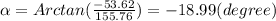 \alpha =Arctan(\frac{-53.62}{155.76} )= -18.99(degree)