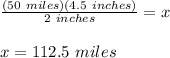 \frac{(50\ miles)(4.5\ inches)}{2\ inches}=x\\\\x=112.5\ miles