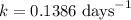 k=0.1386\text{ days}^{-1}