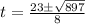 t = \frac{23 \pm \sqrt{897}}{8}