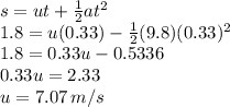 s=ut+\frac{1}{2}at^{2}\\1.8=u(0.33)-\frac{1}{2}(9.8)(0.33)^{2}\\1.8=0.33u-0.5336\\0.33u=2.33\\u=7.07\,m/s