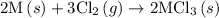 {\text{2M}}\left(s\right)+3{\text{C}}{{\text{l}}_2}\left(g\right)\to2{\text{MC}}{{\text{l}}_3}\left(s\right)