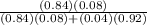 \frac{(0.84)(0.08)}{(0.84)(0.08)+(0.04)(0.92)}