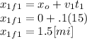x_{1f1} =x_{o} +v_{1} t_{1} \\x_{1f1} =0+.1(15)\\x_{1f1} =1.5 [mi]