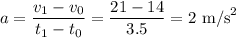 a= \dfrac{v_1 - v_0}{t_1 - t_0} =\dfrac{21-14}{3.5} = 2 \textrm{ m/s}^2