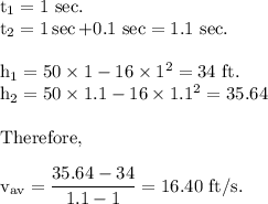 \rm t_1=1\ sec.\\t_2 = 1\sec + 0.1\ sec = 1.1\ sec.\\\\h_1=50\times 1-16\times 1^2=34\ ft.\\h_2=50\times 1.1-16\times 1.1^2=35.64\\\\Therefore,\\\\v_{av} = \dfrac{35.64-34}{1.1-1}=16.40\ ft/s.