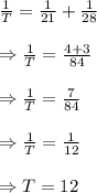 \frac{1}{T}=\frac{1}{21}+\frac{1}{28}\\\\\Rightarrow\frac{1}{T}=\frac{4+3}{84}\\\\\Rightarrow\frac{1}{T}=\frac{7}{84}\\\\\Rightarrow\frac{1}{T}=\frac{1}{12}\\\\\Rightarrow T=12