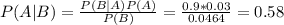 P(A|B)=\frac{P(B|A)P(A)}{P(B)}=\frac{0.9*0.03}{0.0464}=0.58