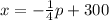 x=-\frac{1}{4}p+300