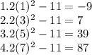 1. 2(1)^2 - 11=-9\\ 2. 2(3)^2-11=7\\3. 2(5)^2-11=39\\4. 2(7)^2-11=87