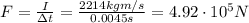F=\frac{I}{\Delta t}=\frac{2214 kg m/s}{0.0045 s}=4.92\cdot 10^5 N