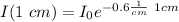 I(1 \ cm) = I_0 e^{- 0.6 \frac{1}{cm} \ 1 cm}