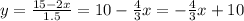 y= \frac{15-2x}{1.5}=10-  \frac{4}{3}x= -  \frac{4}{3}x+10