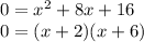 0=x^2+8x+16&#10;\\0=(x+2)(x+6)