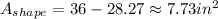 A_{shape} = 36-28.27 \approx 7.73in^{2}