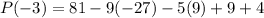 P(-3)=81-9(-27)-5(9)+9+4