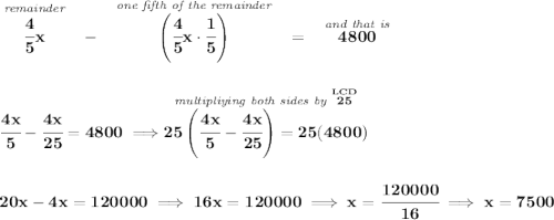 \bf \stackrel{\textit{remainder}}{\cfrac{4}{5}x}~~-~~\stackrel{\textit{one fifth of the remainder}}{\left(\cfrac{4}{5}x\cdot \cfrac{1}{5} \right)}~~=~~\stackrel{\textit{and that is}}{4800} \\\\\\ \cfrac{4x}{5}-\cfrac{4x}{25}=4800\implies \stackrel{\textit{multipliying both sides by }\stackrel{LCD}{25}}{25\left( \cfrac{4x}{5}-\cfrac{4x}{25} \right)=25(4800)} \\\\\\ 20x-4x=120000\implies 16x=120000\implies x=\cfrac{120000}{16}\implies x=7500