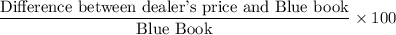 \dfrac{\text{Difference between dealer's price and Blue book}}{\text{Blue Book}}\times100
