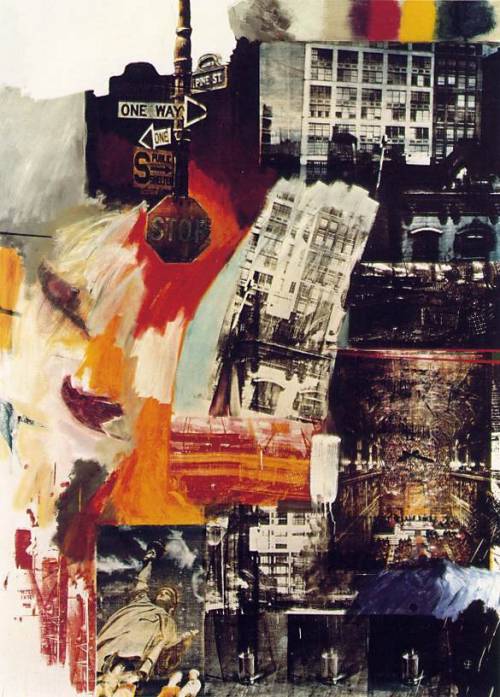 How did postmodernist robert rauschenberg convey the energy and chaos of modern city life in estate?